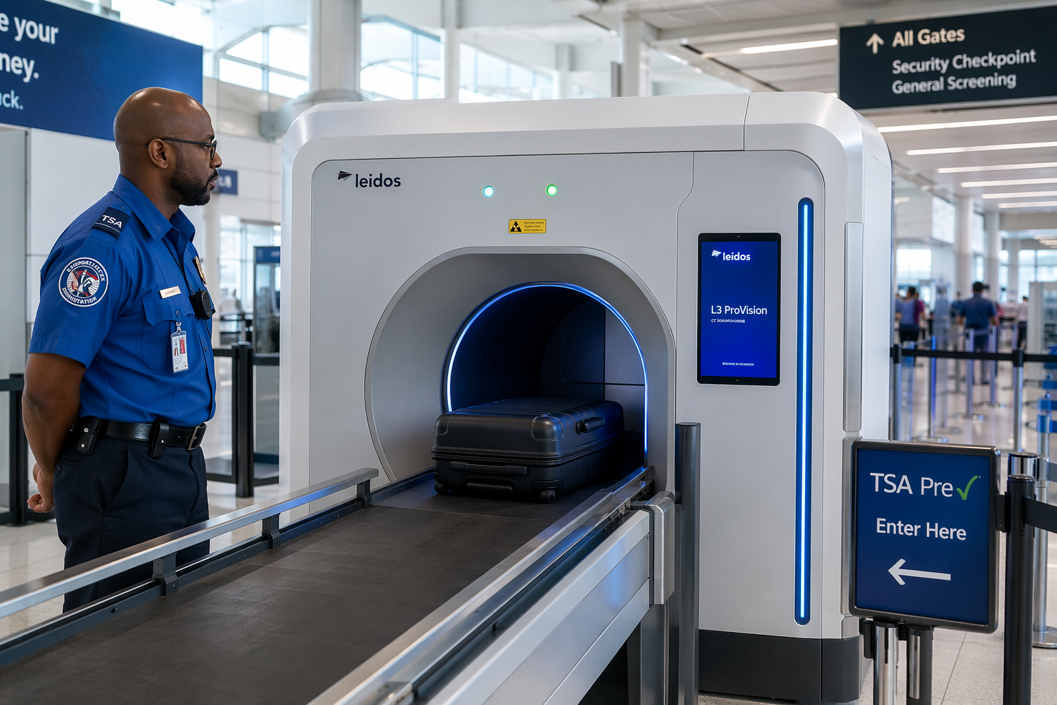 Modern TSA CT scanner with a carry-on bag entering the scanner tunnel at an airport checkpoint