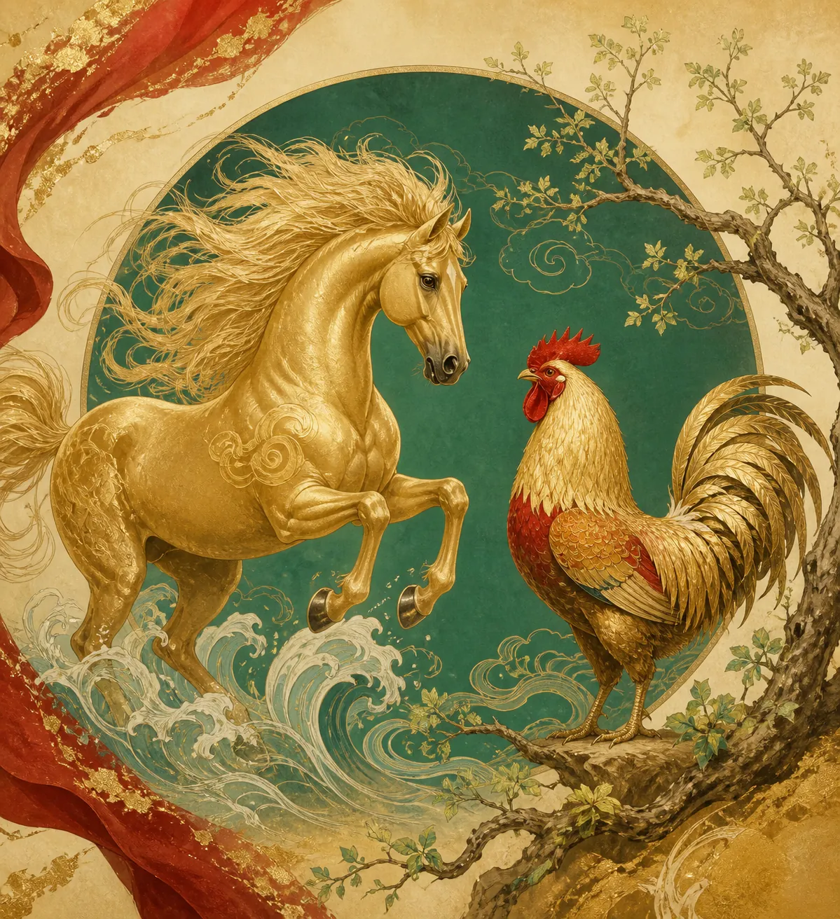 A golden Horse and red-combed Rooster with Water and Wood motifs