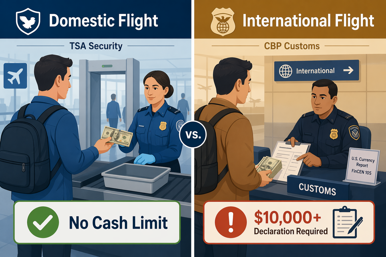 Split illustration comparing domestic flights with no TSA cash limit and international flights requiring a declaration above ten thousand dollars