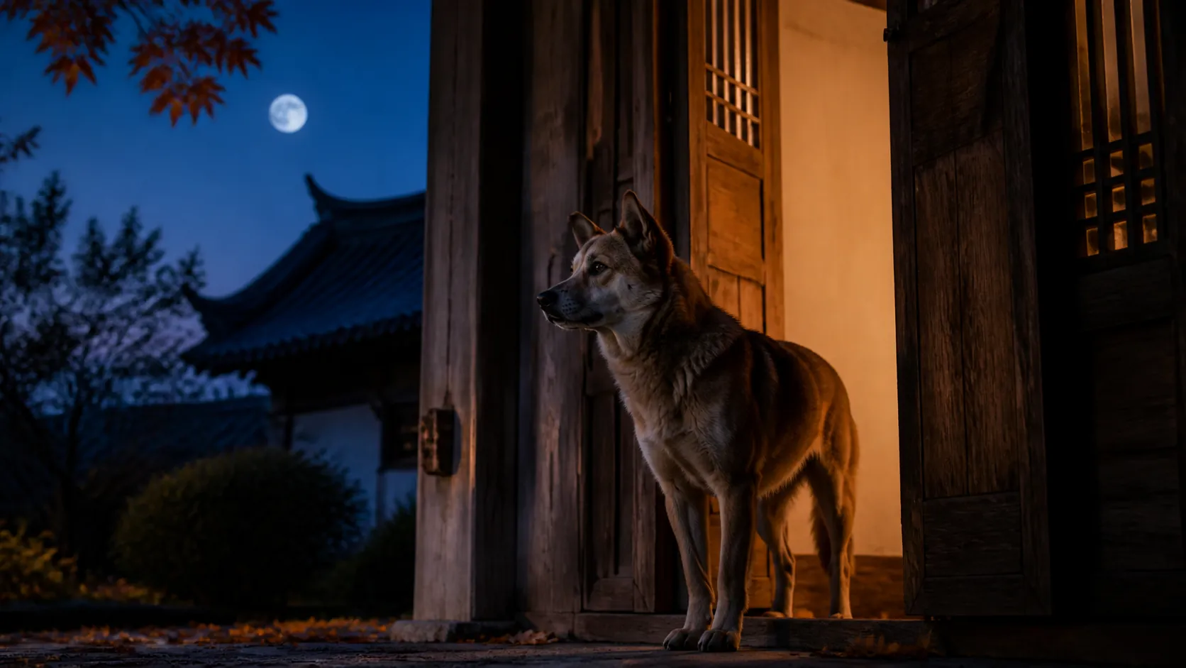 An alert dog guarding an open doorway at dusk beneath a rising moon