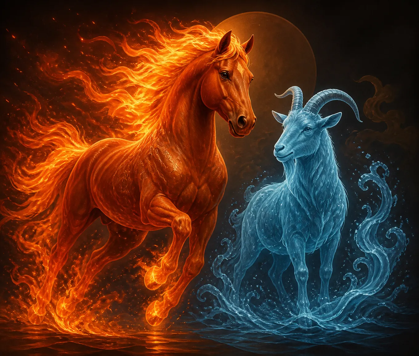 A fiery galloping Horse beside a calm translucent blue Water Goat