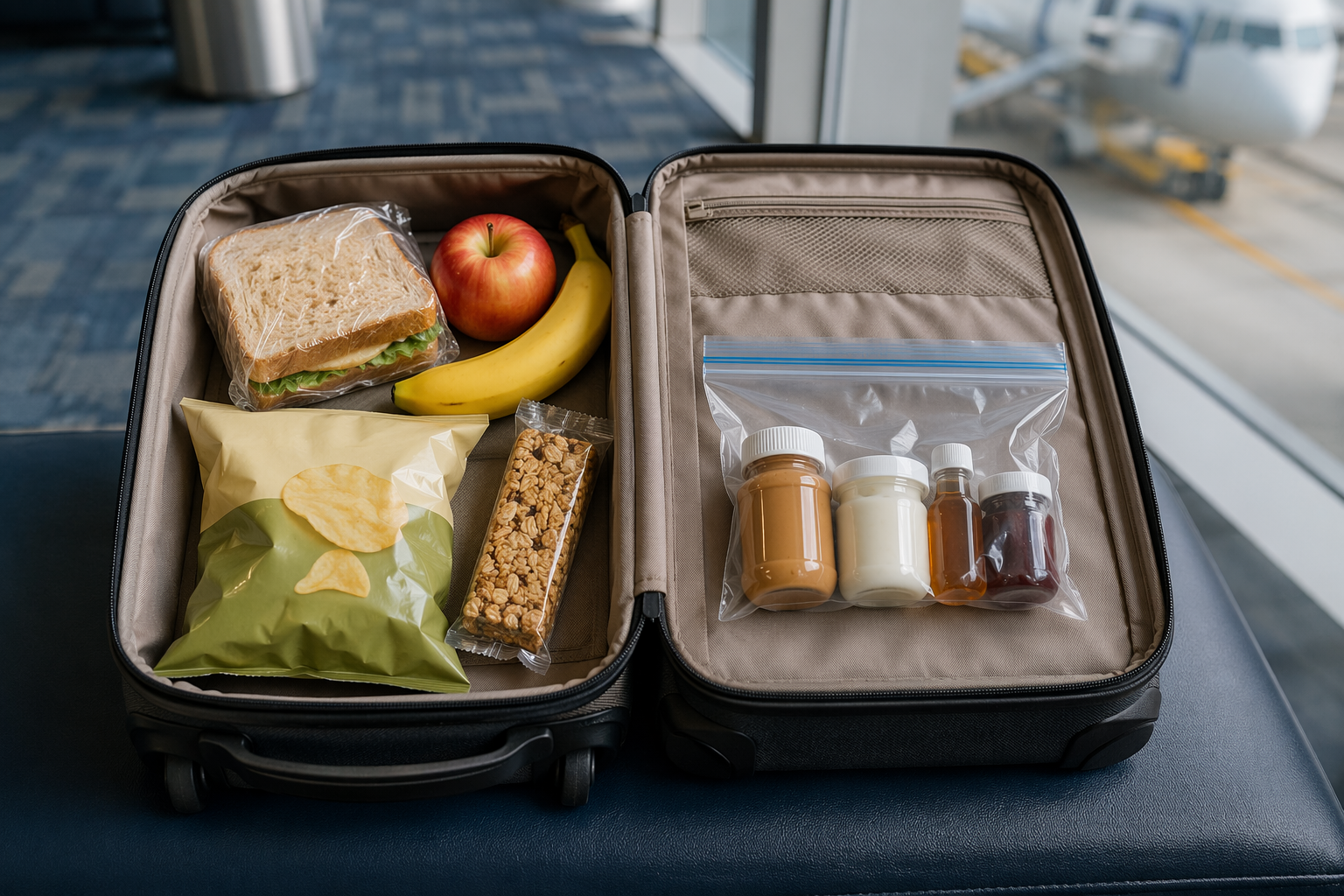 Carry-on bag packed with solid snacks and a quart-size bag of small spreadable food containers