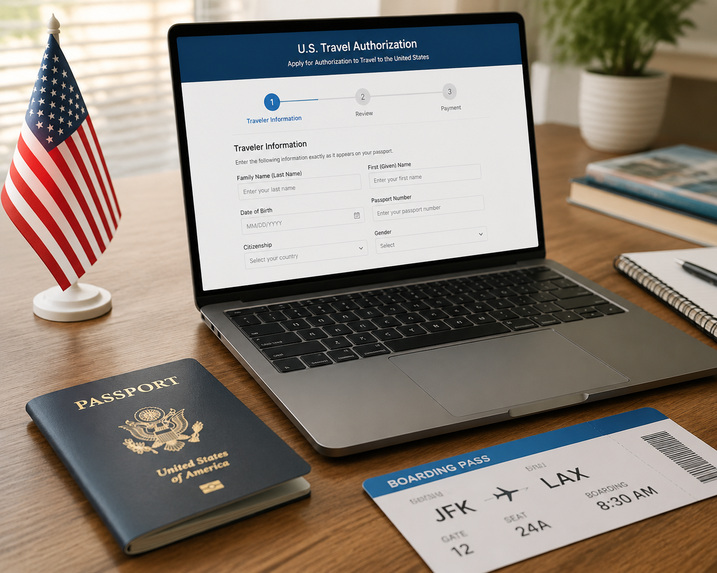 Traveler's e-passport beside a laptop showing a US travel authorization application