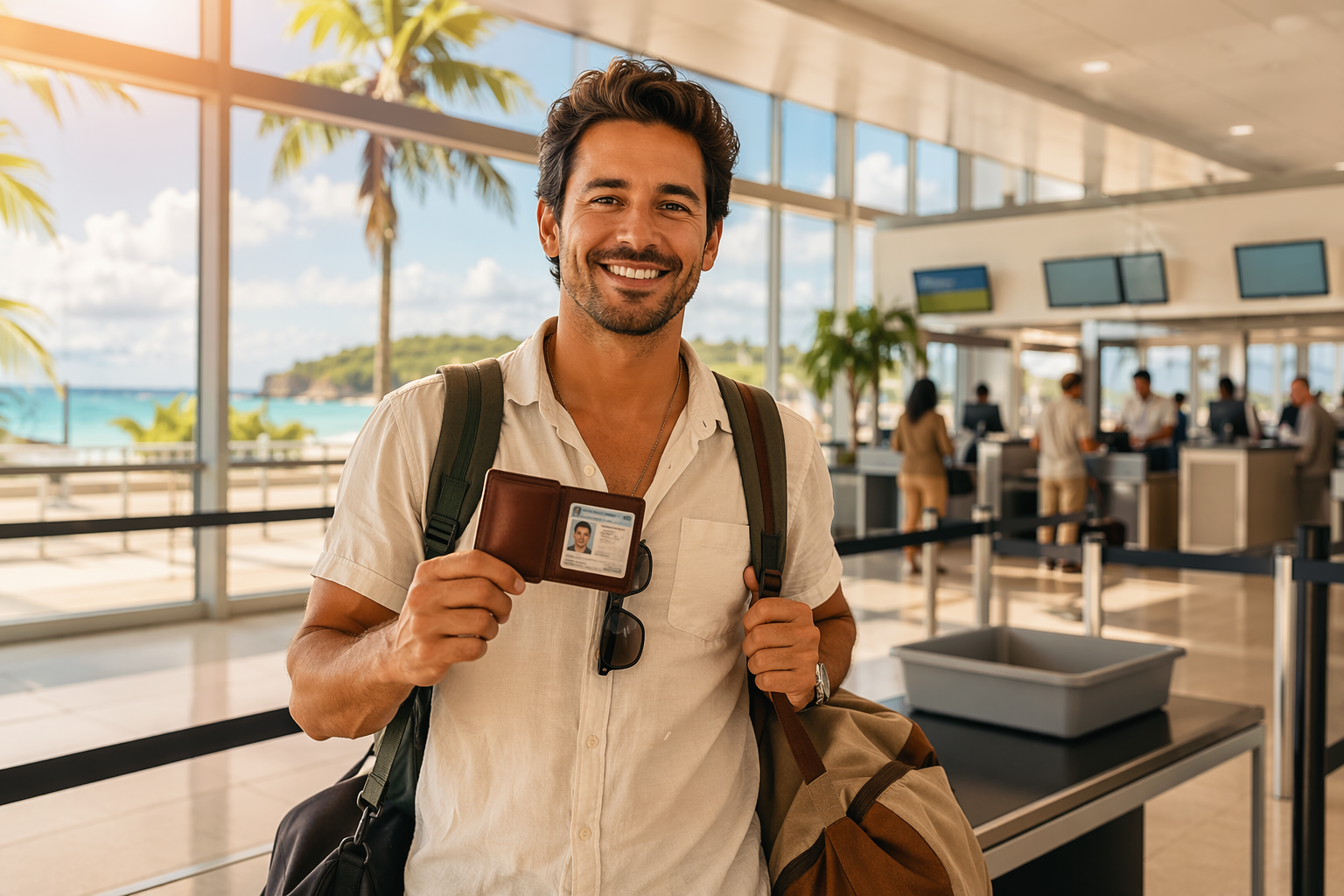 Traveler at an airport security checkpoint holding a wallet with a driver's license visible