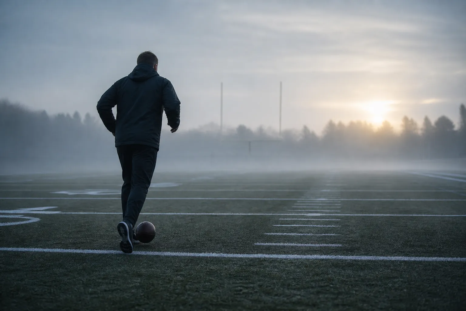 A lone coach running a football repetition drill on an empty field at dawn