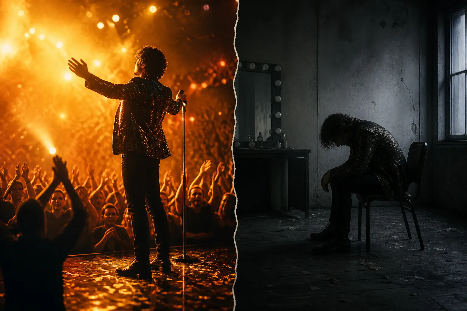 A lively performer glowing before an applauding crowd contrasted with the same figure alone in a dark empty room