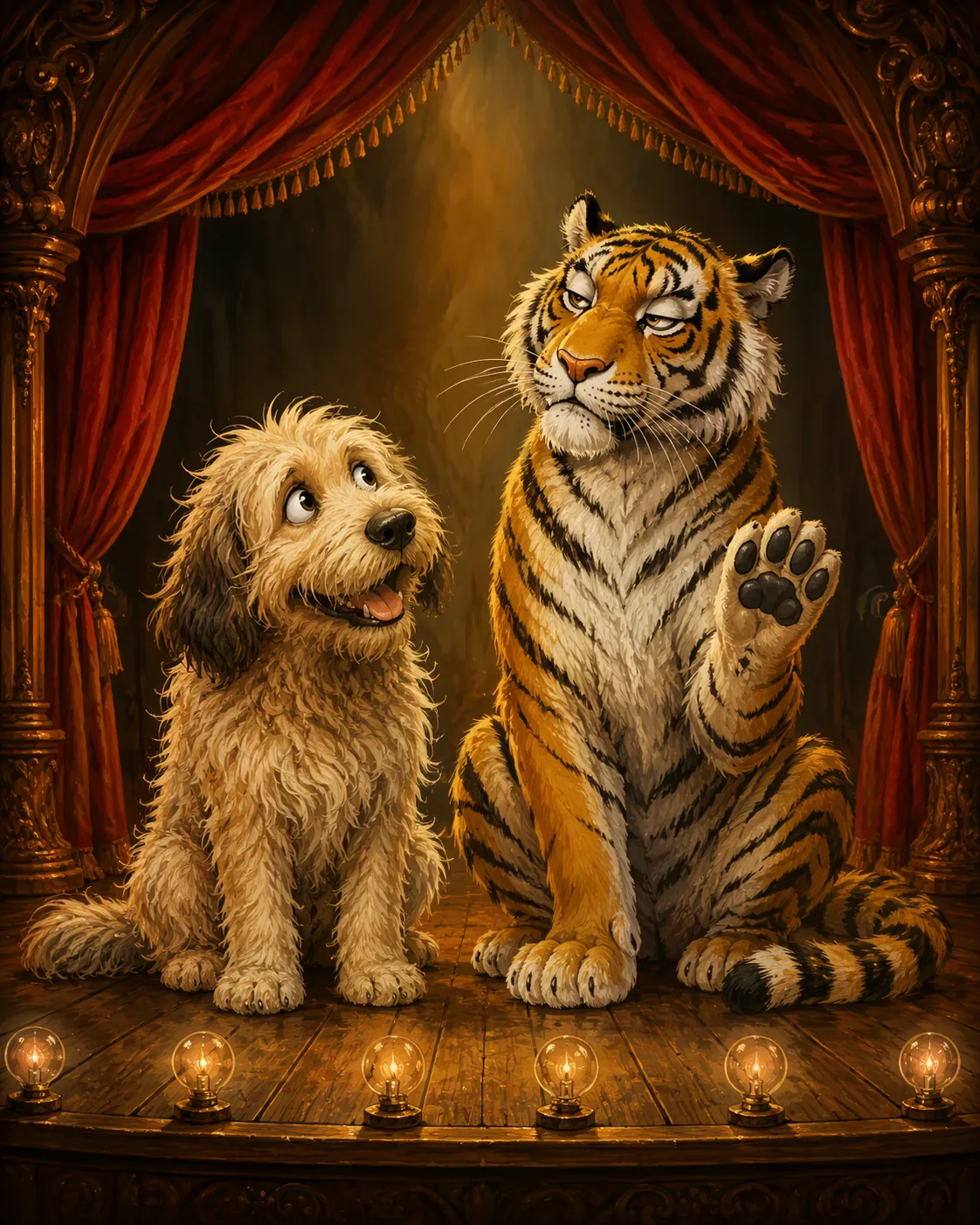 A fluffy dog gazing at an exasperated tiger on a theater stage