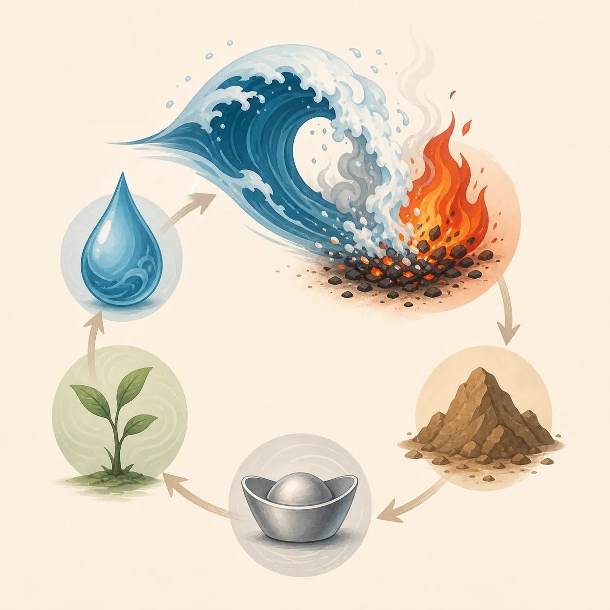 Five abstract elemental symbols arranged in a controlling cycle with a wave extinguishing a flame