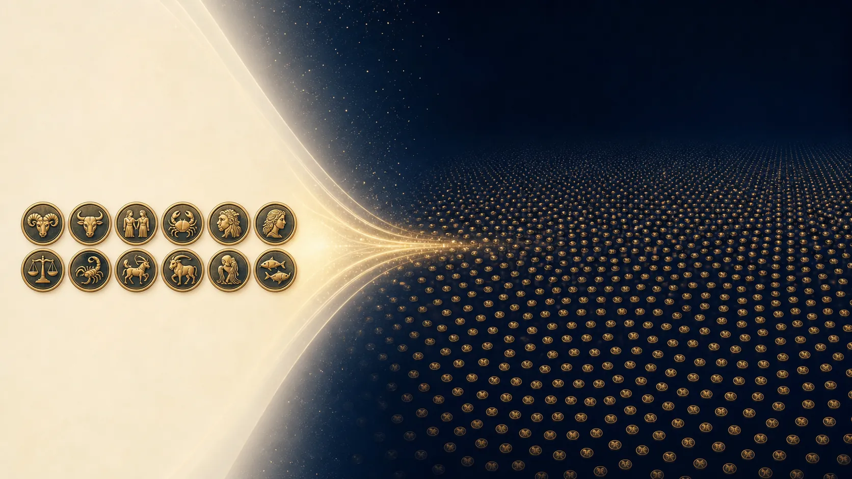Twelve zodiac medallions connected to a much larger field of tiny chart markers, showing the scale difference between one animal sign and many BaZi combinations.
