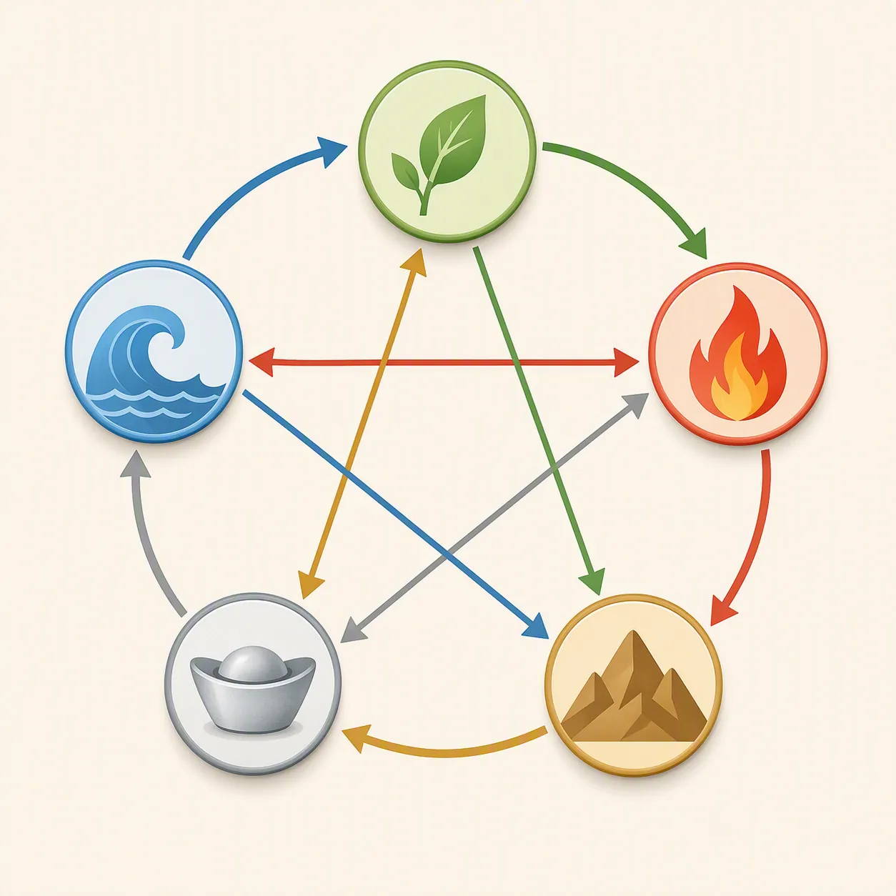 Five elemental nodes connected by producing and controlling cycle arrows