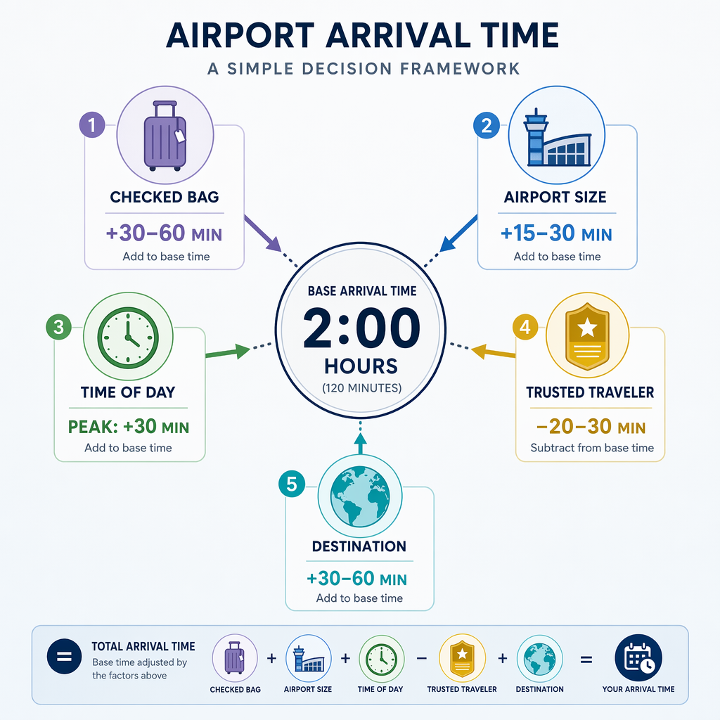 Infographic showing a base airport arrival time adjusted by checked bags, airport size, peak timing, trusted traveler status, and destination type