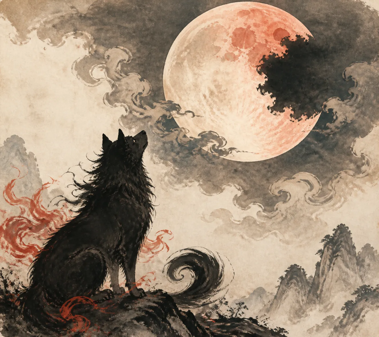 Chinese ink-wash illustration of the celestial dog Tiangou appearing to bite the Moon