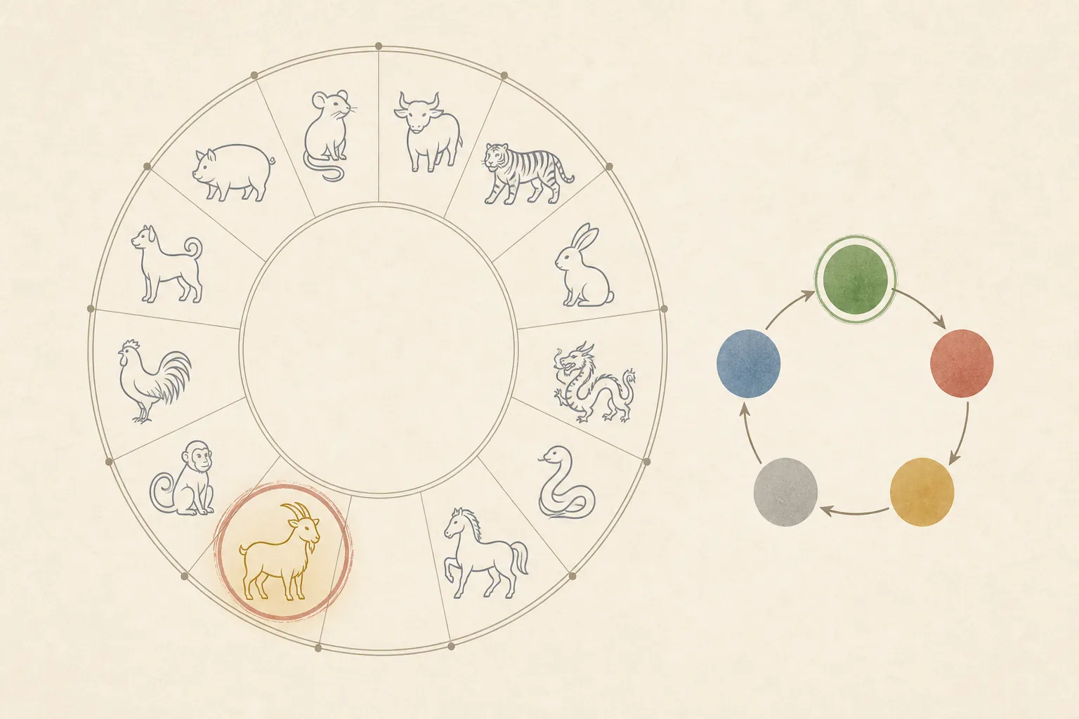 The Goat highlighted among the twelve Chinese zodiac animals, with Wood emphasized among the five elements