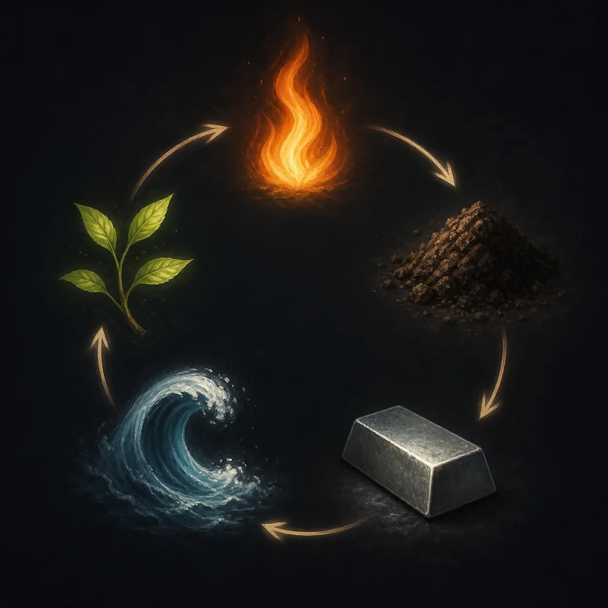 Five symbolic elements arranged in a continuous circular cycle