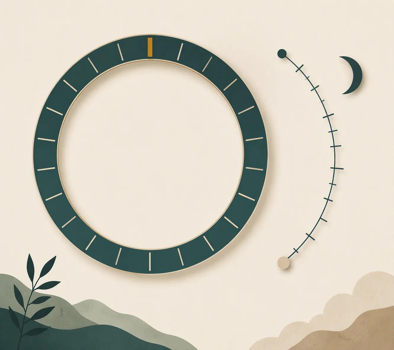 A ring of 24 solar-term markers contrasted with a smaller lunar calendar arc