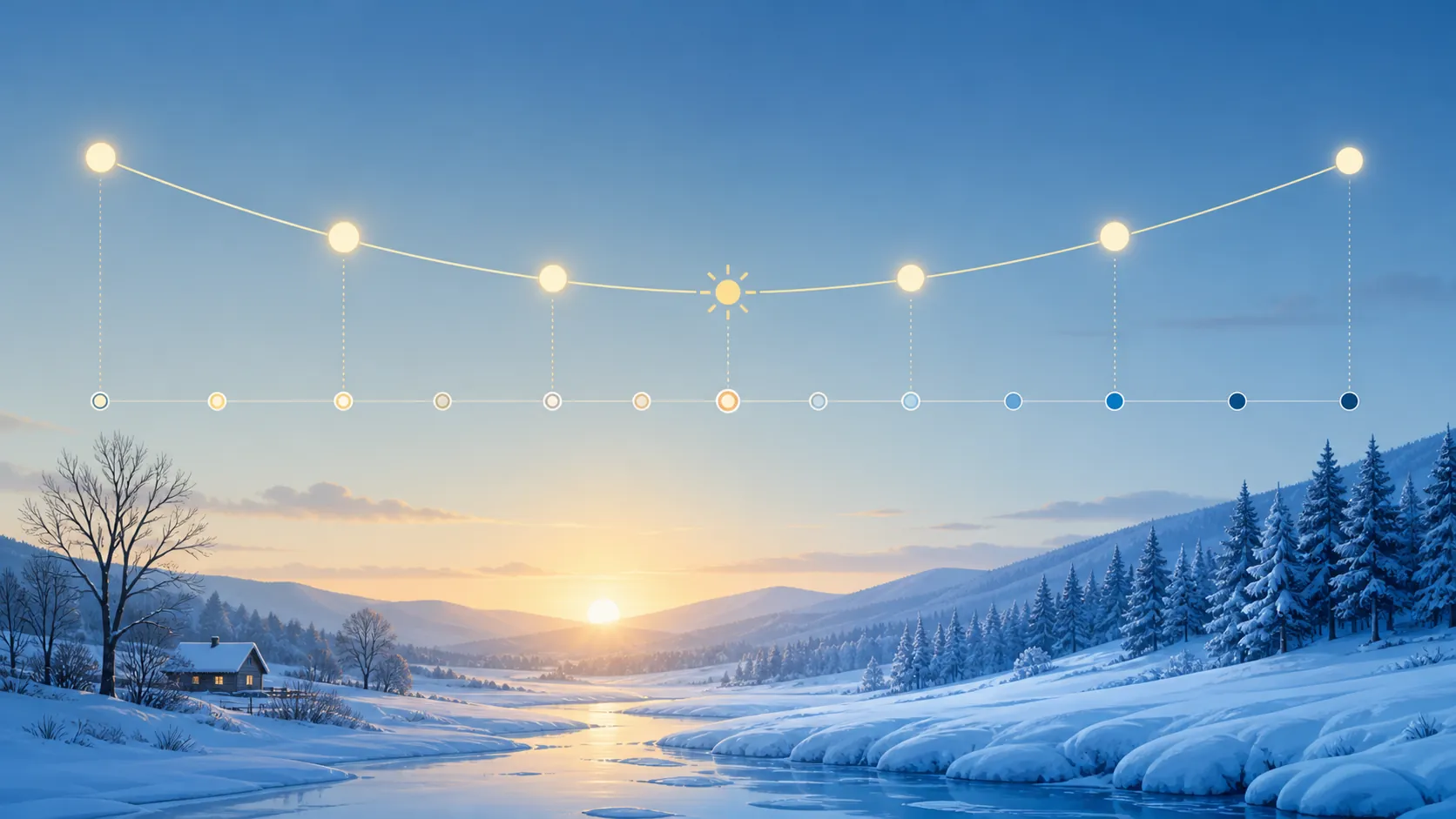 A low winter sun above a landscape that becomes colder and snowier in the weeks after the solstice
