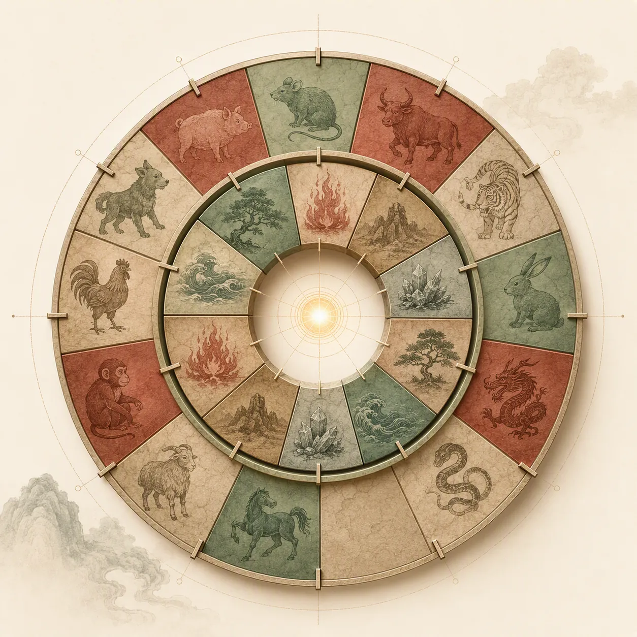 Calendrical wheel with twelve outer segments and ten inner segments