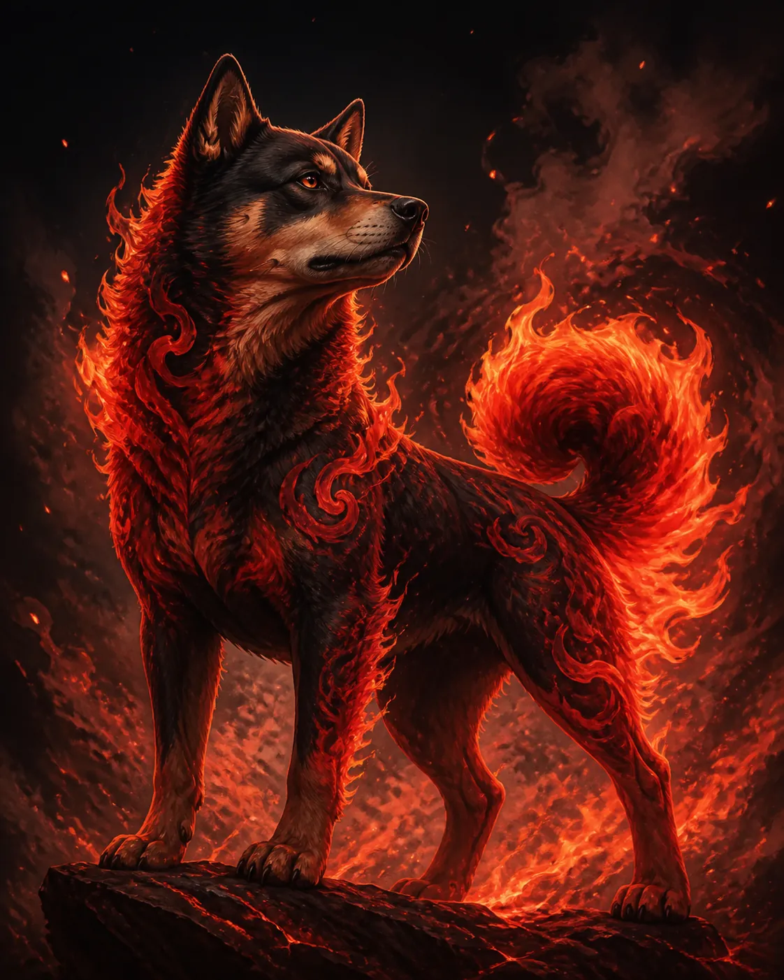 Stylized charcoal-red Chinese zodiac Fire Dog surrounded by glowing flames and sparks