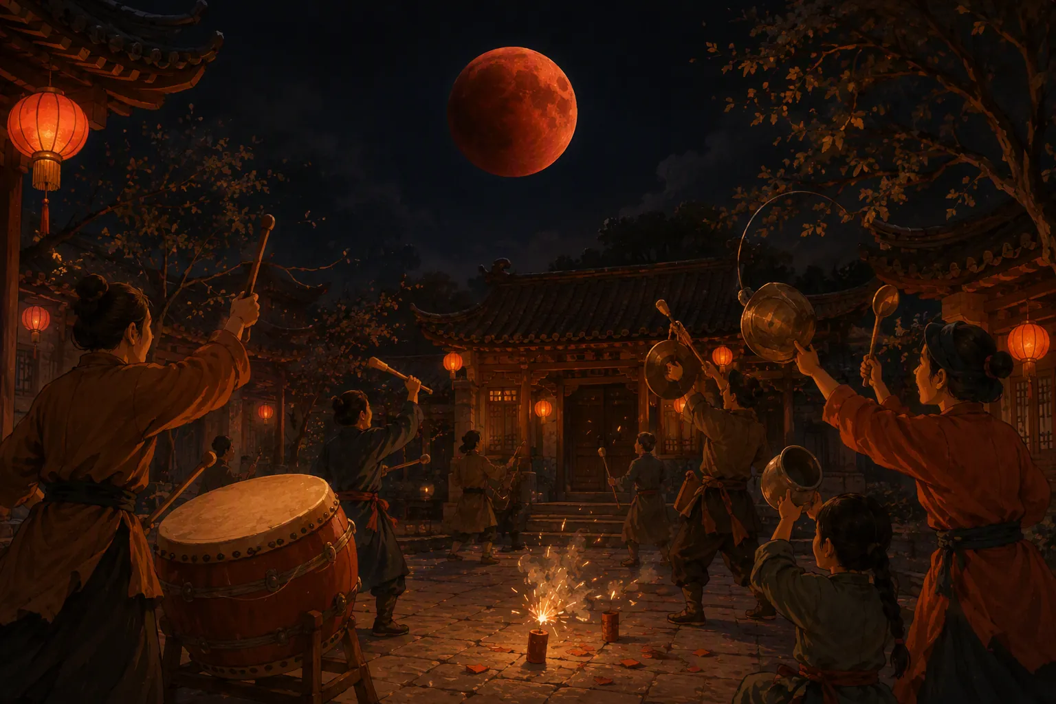 People in a traditional Chinese courtyard beating drums, striking gongs and banging pots beneath a red eclipsed Moon