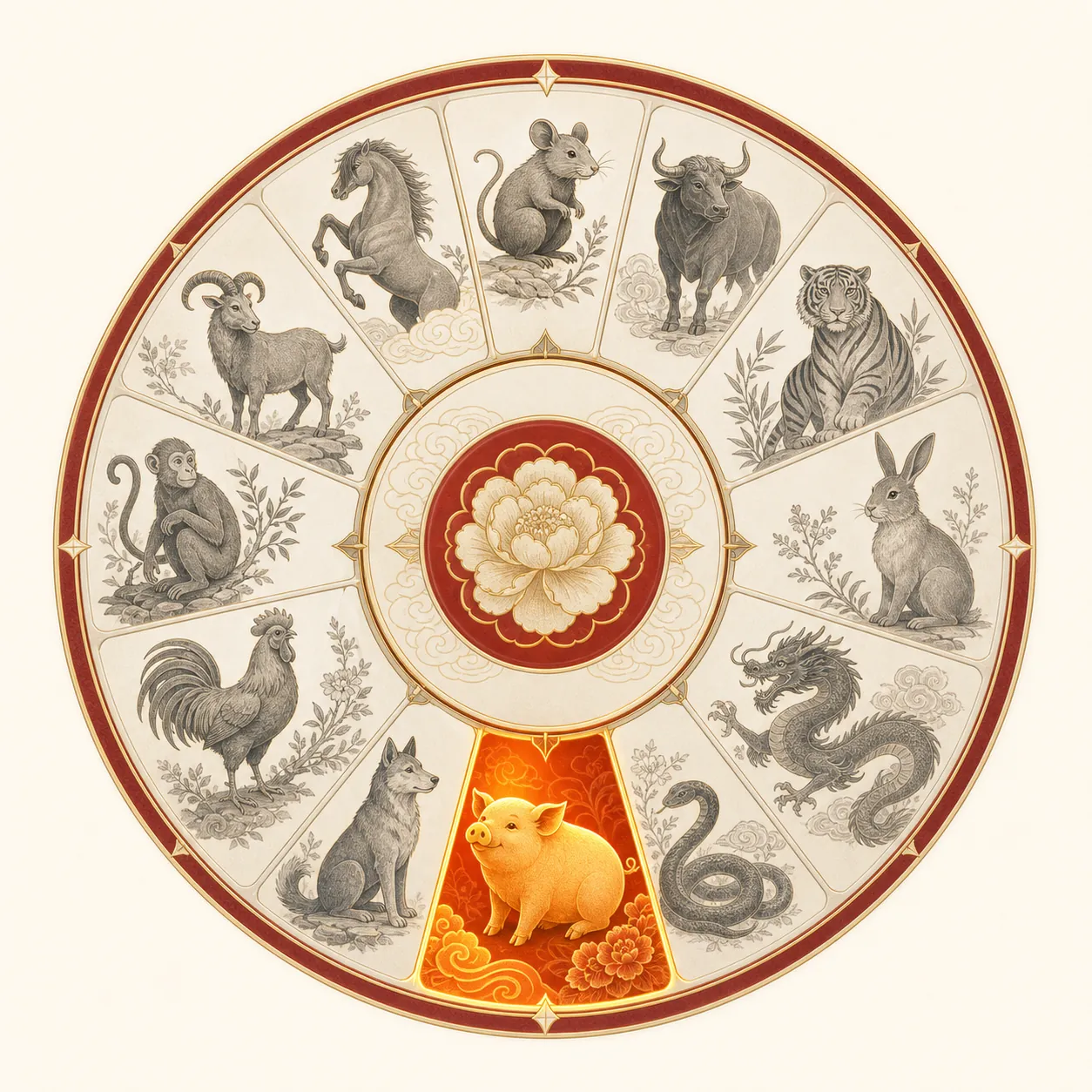 Chinese zodiac wheel with the pig segment glowing at the end of the twelve-animal cycle