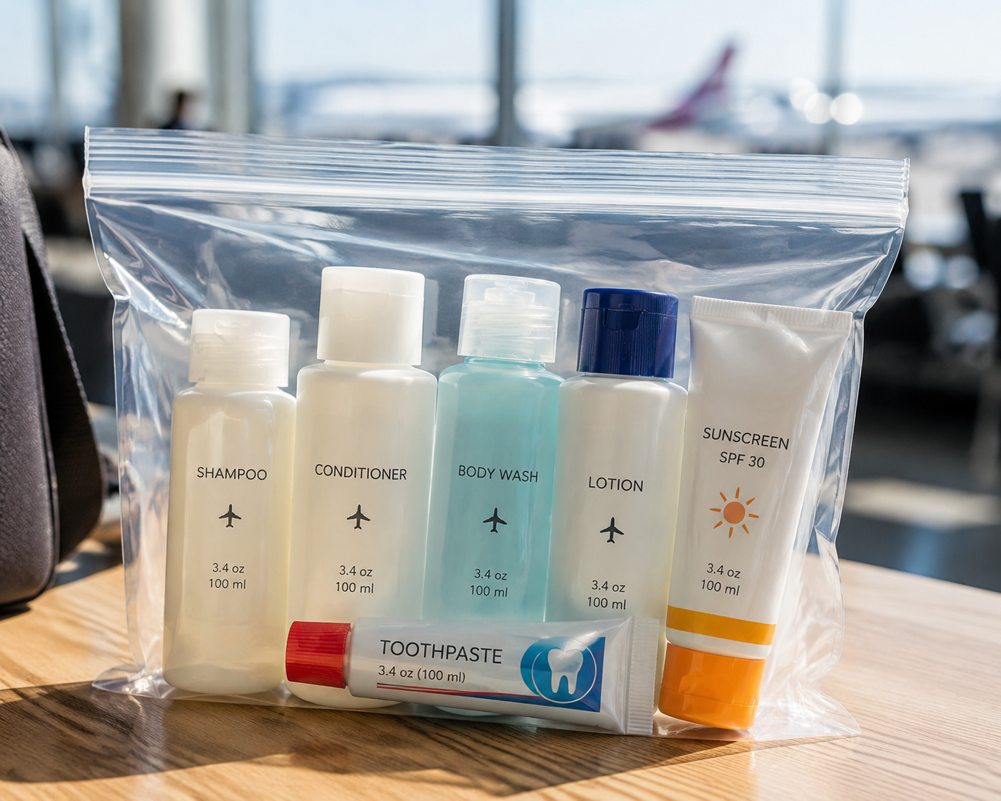 Clear quart-sized resealable plastic bag filled with 3.4-ounce travel toiletry bottles