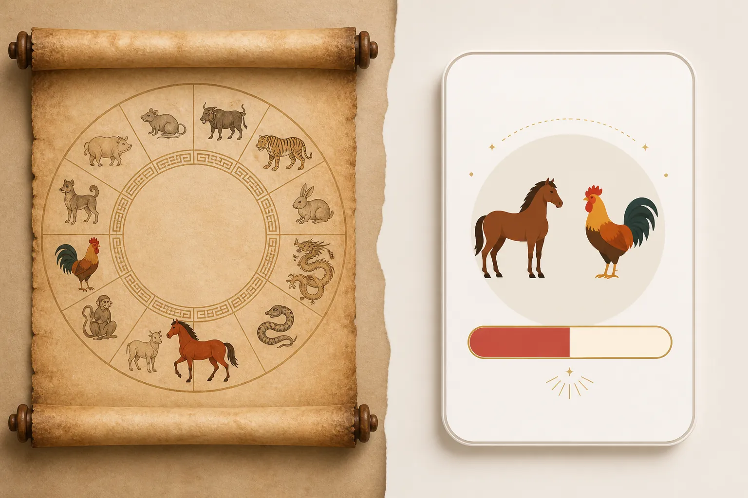 An antique Chinese zodiac wheel beside a modern compatibility score display