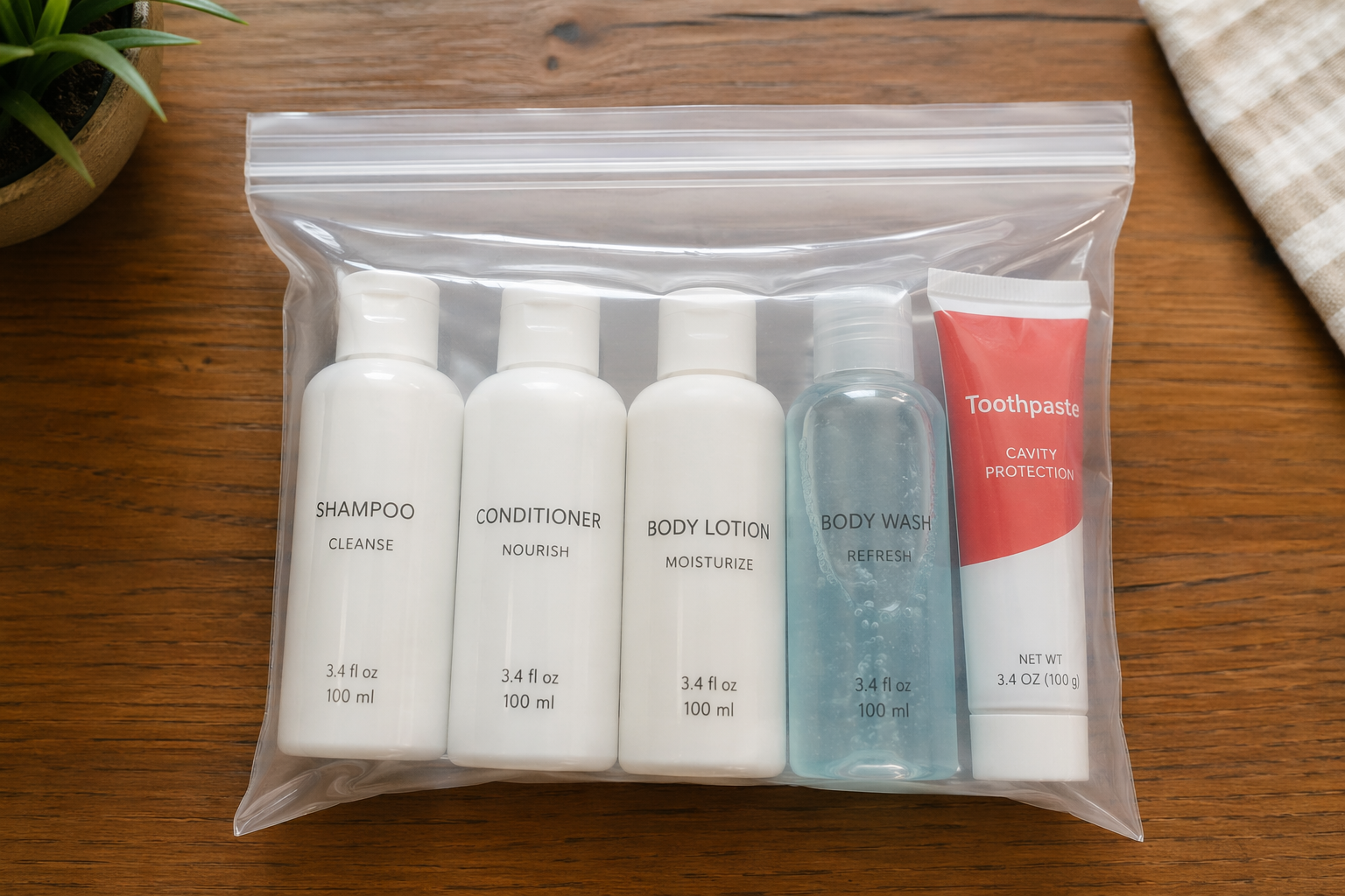 Clear quart-sized plastic bag packed with travel-sized toiletry bottles, lotion, gel, and toothpaste