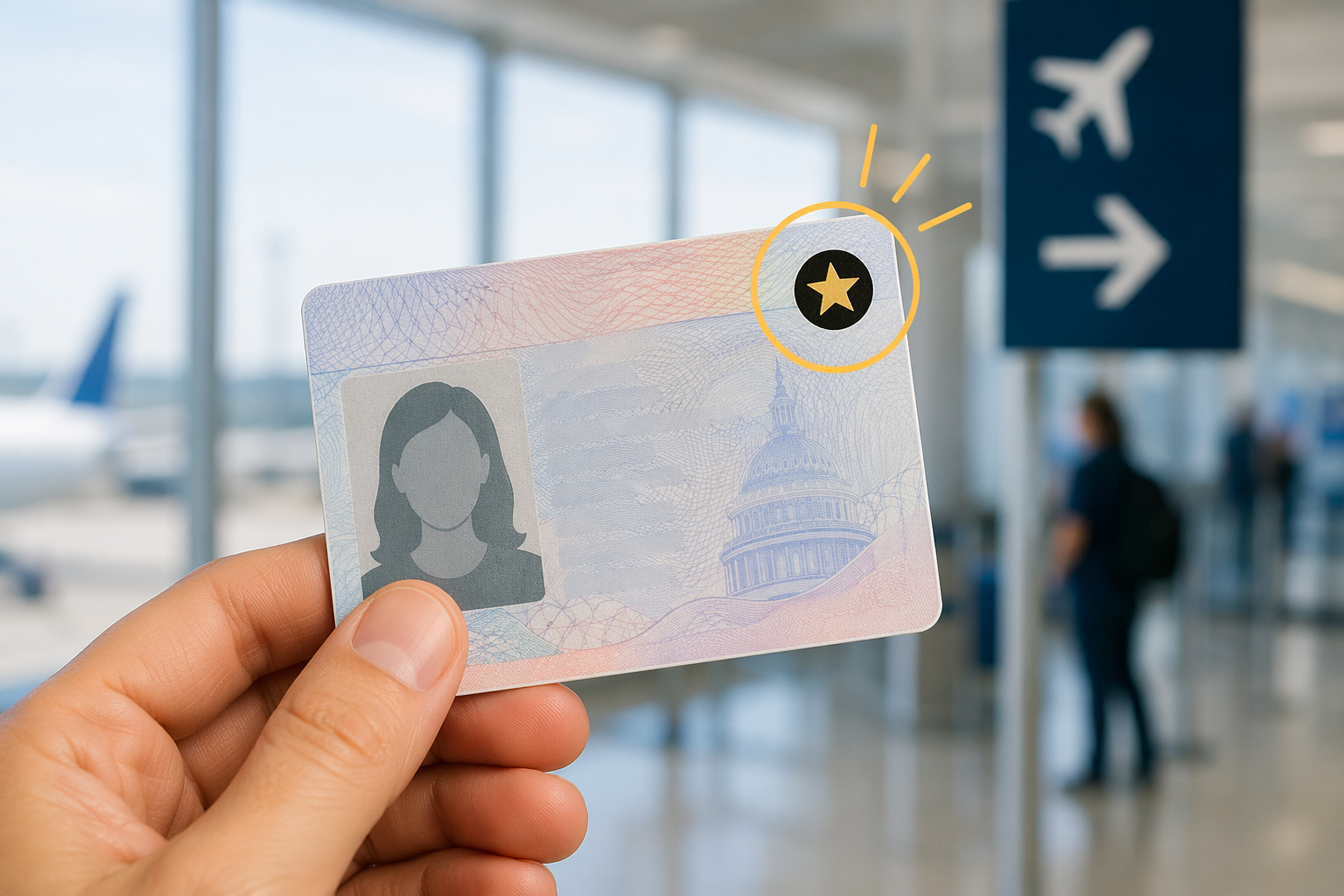 Close-up illustration of a driver's license with a gold star marking for REAL ID compliance