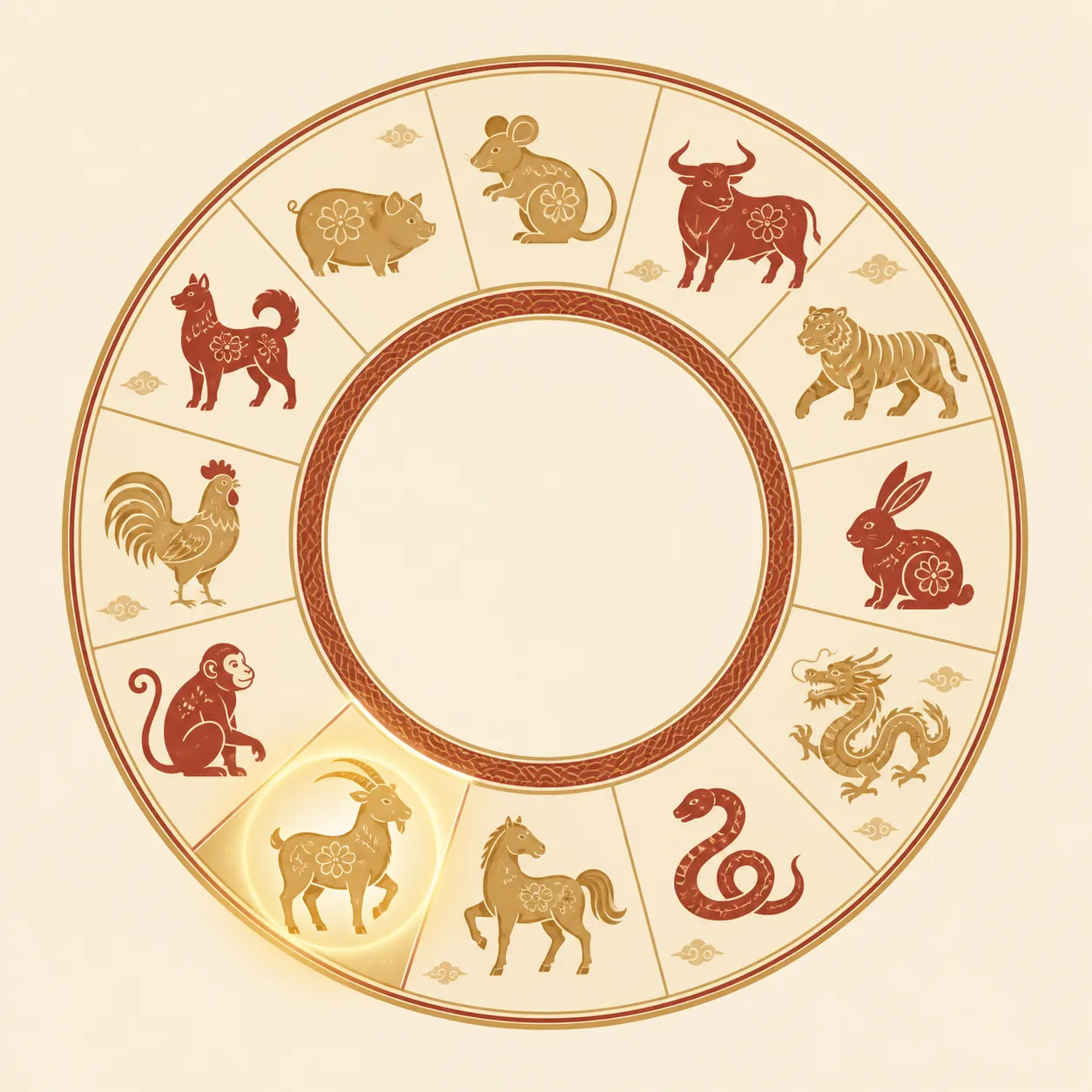 Chinese zodiac wheel with the Goat symbol highlighted in gold