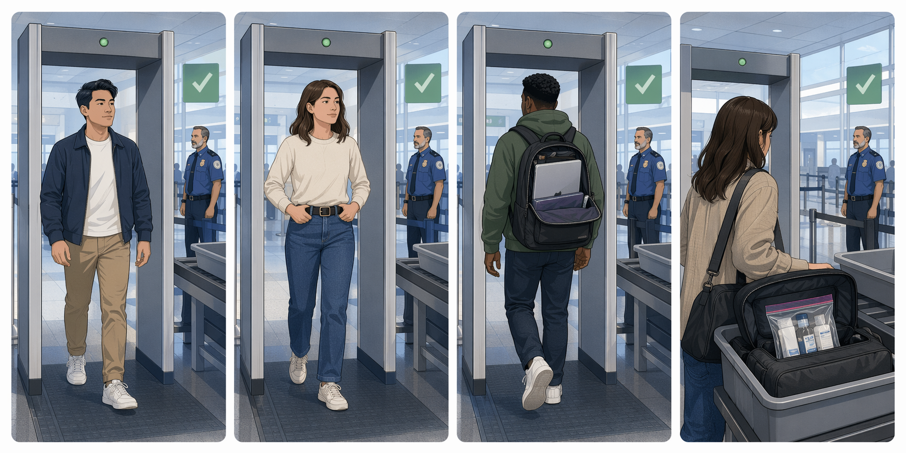 Illustration of TSA PreCheck screening benefits including shoes on, belt on, laptop in bag, and liquids in carry-on