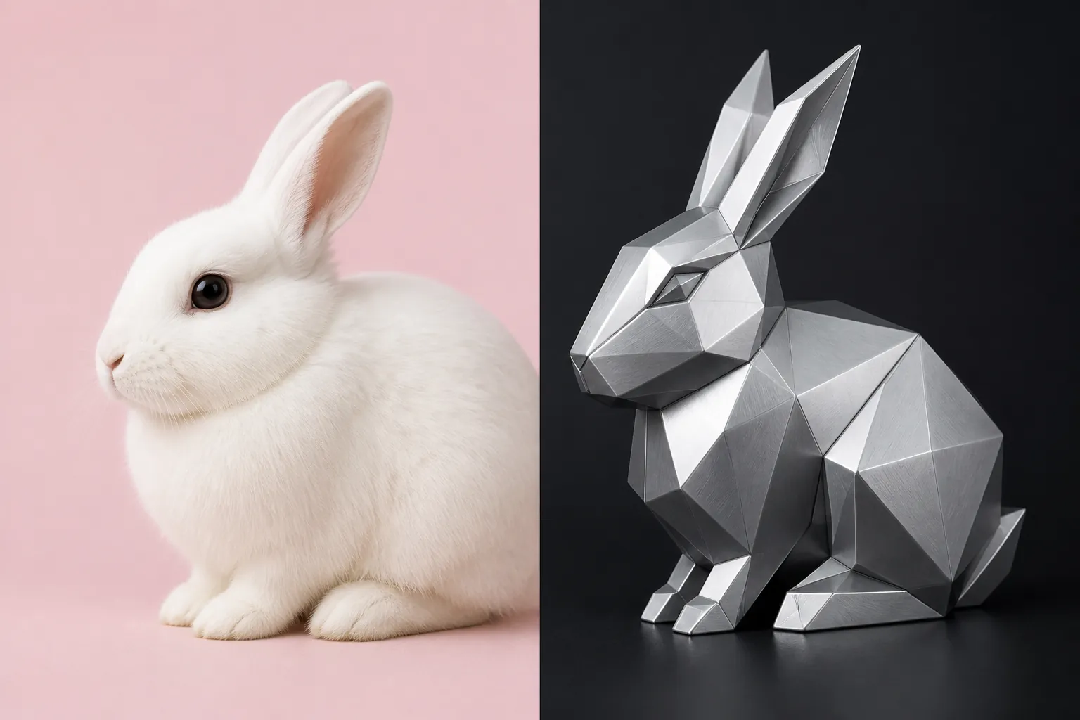 A soft white rabbit contrasted with a sharp, angular silver rabbit