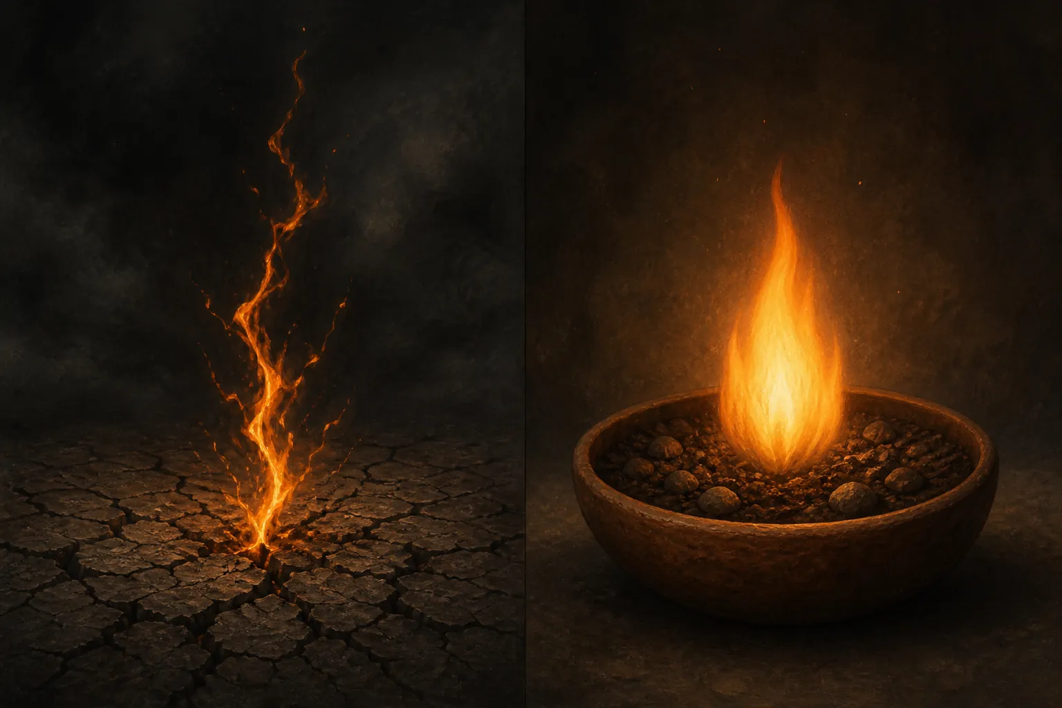 An erratic flame over cracked ground contrasted with a steady flame held in an earthen bowl