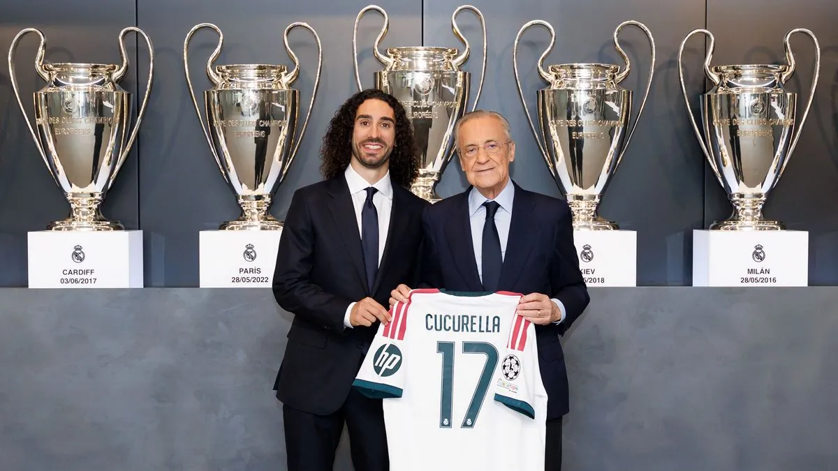 Marc Cucurella at his Real Madrid welcome ceremony on the presentation stage