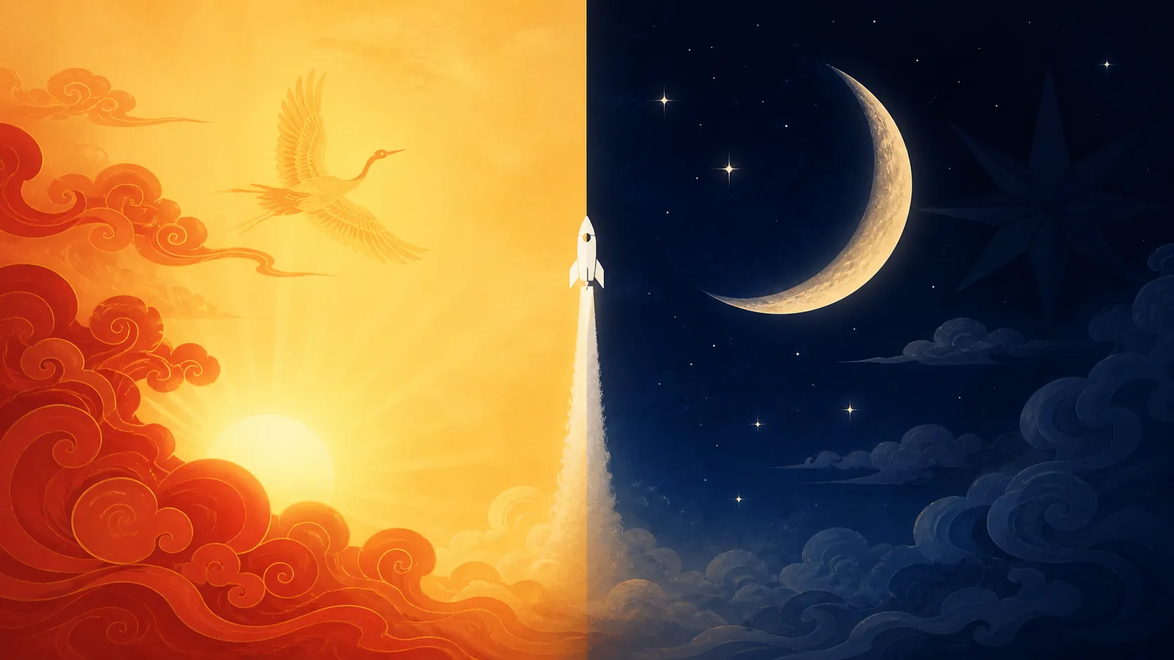 A rocket rises between a golden auspicious sky and an indigo night sky, representing the launch date's mixed almanac signals