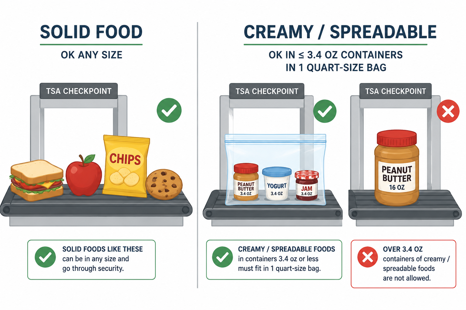 Comparison of solid foods passing TSA and spreadable foods needing small containers in a quart bag