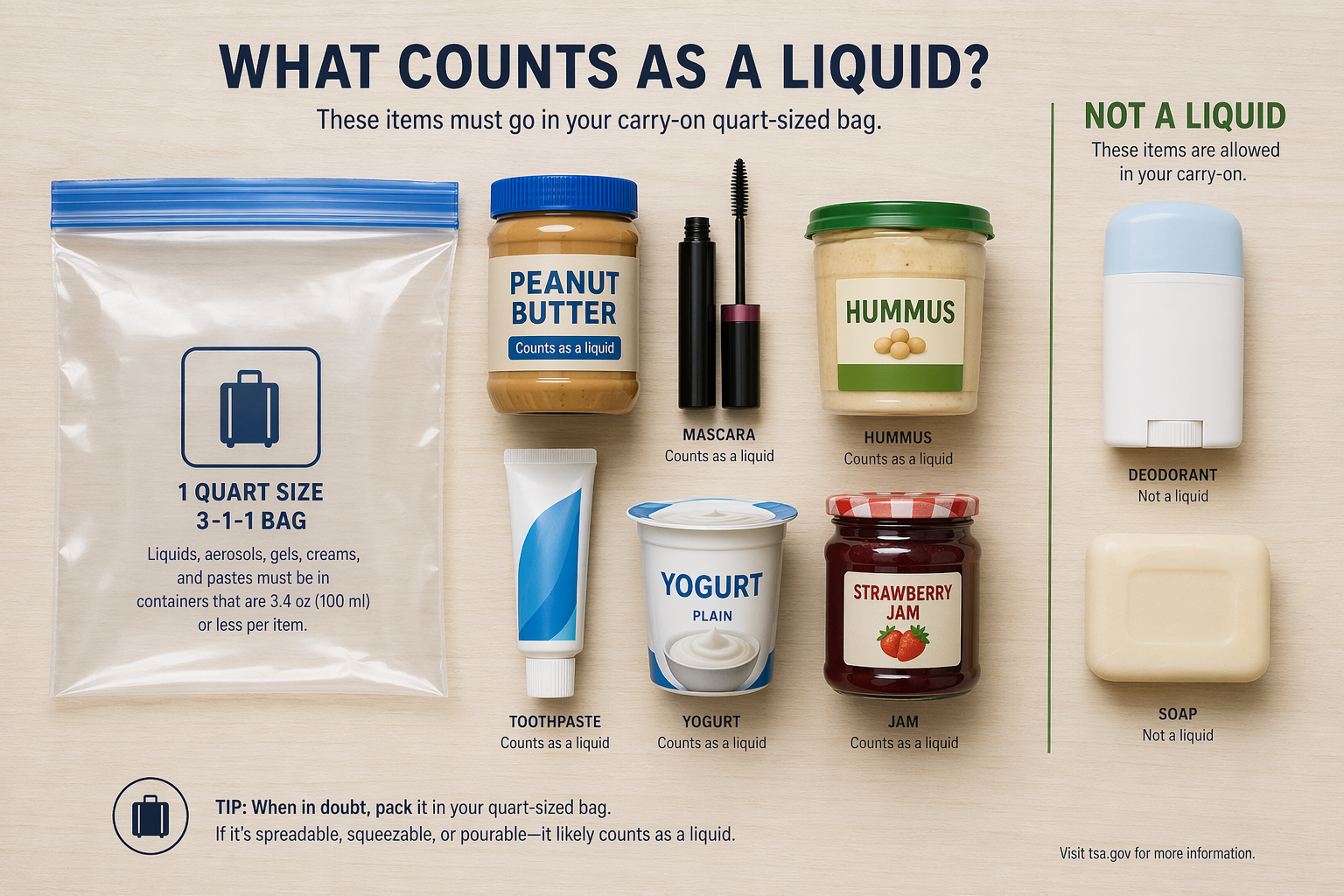 Quart bag with peanut butter, mascara, hummus, yogurt, toothpaste, and jam contrasted with solid deodorant and bar soap