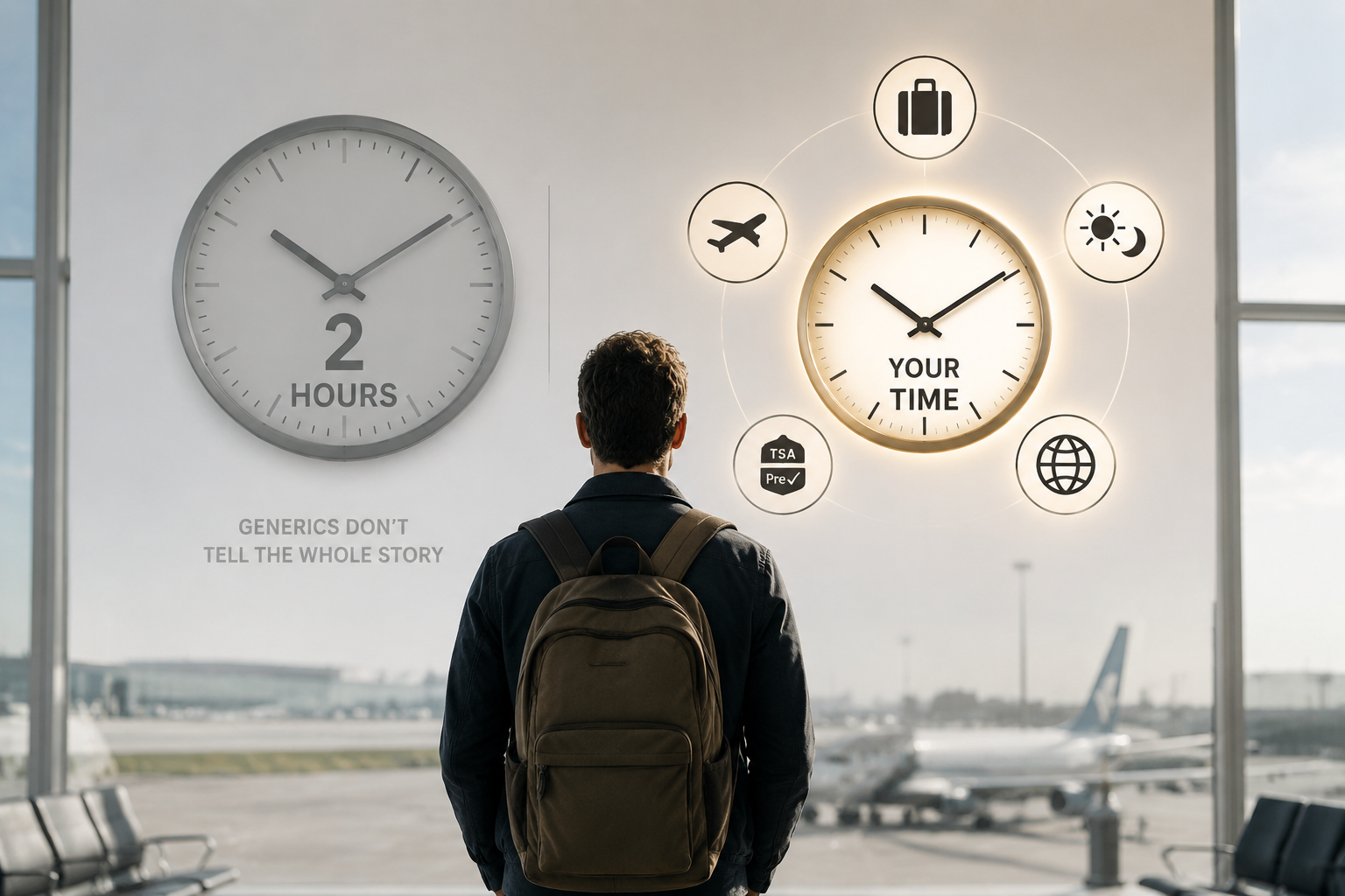 Traveler in an airport terminal comparing a generic two-hour rule with personalized arrival factors