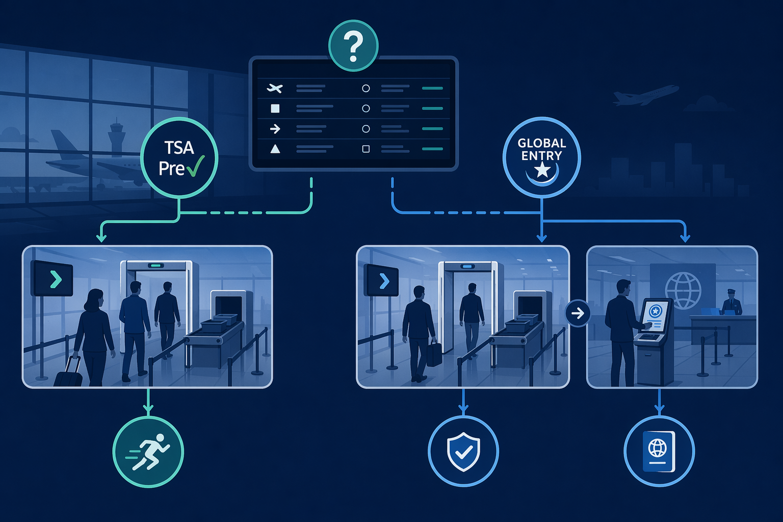 Decision-flow infographic showing TSA PreCheck as a security-lane path and Global Entry as security plus customs clearance