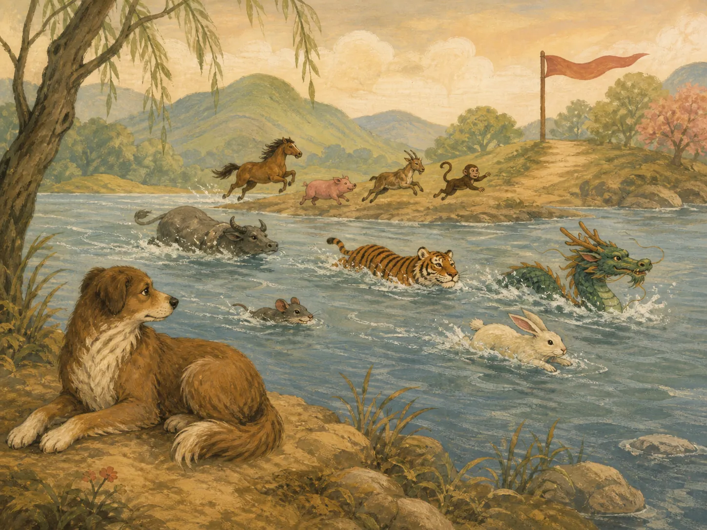 Folk-art illustration of zodiac animals crossing a river while a dog waits near the bank
