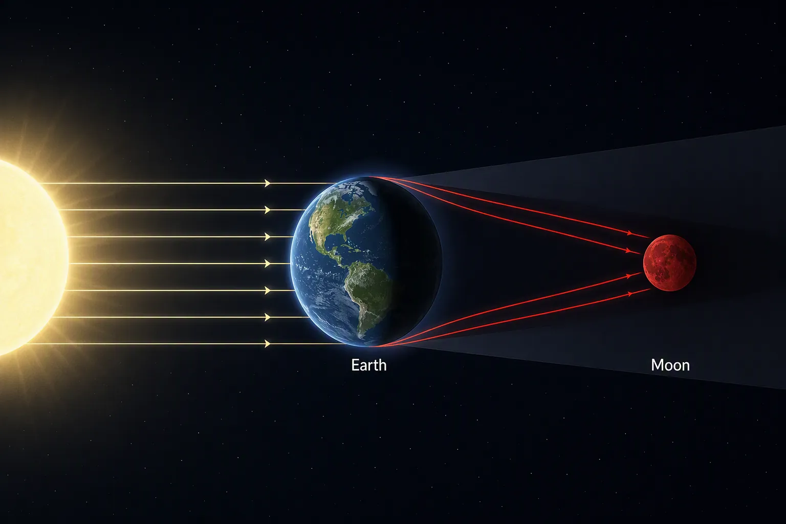 Diagram showing sunlight passing through Earth’s atmosphere and reaching a red Moon inside Earth’s shadow